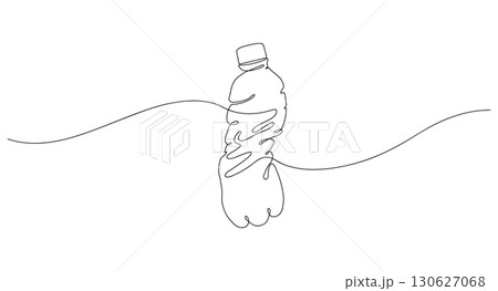 Used PET bottle on waves. Crushed plastic bottle floating in water. One line drawing illustration of crumpled trash. Vector illustration representing ecology and environmental pollution concept 130627068