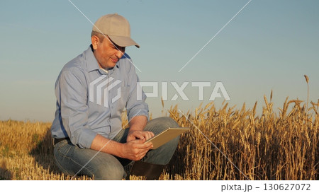 Technician examines wheat plants with technology, Rural worker analyzes grain quality under the blue sky, Farmer using modern tech in traditional farming, Crop specialist studies the condition of a Technician examines wheat plants with technology, Rural worker analyzes grain quality under the blue sky, Farmer using modern tech in traditional farming, Crop specialist studies the condition of a 130627072