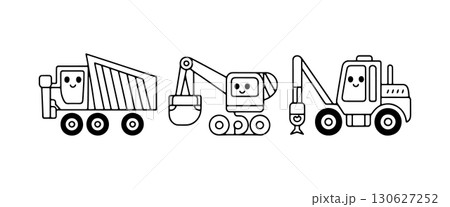 Construction vehicles with smiling faces working together at a busy site during daylight hours 130627252