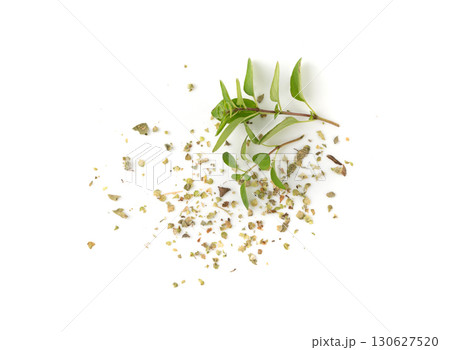 Dry thyme isolated, dried marjoram, oregano pile, ground crushed thyme seasoning, thyme leaves Dry thyme isolated, dried marjoram, oregano pile, ground crushed thyme seasoning, thyme leaves 130627520
