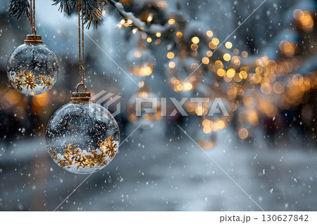 Winter background. Glass ball with snowfall inside hangs on a spruce branch against the backdrop of a winter city. 130627842