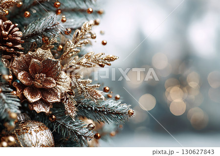 Fir tree with golden cones and garlands on defocused winter background. Christmas banner with space for text. Golden bokeh 130627843