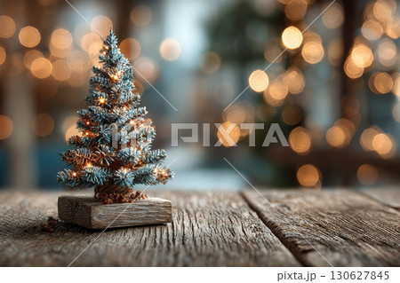 Decorative Christmas tree on wooden table on blurred background with golden bokeh. Christmas banner with space for text. 130627845