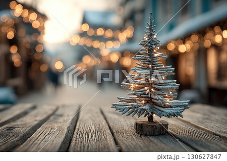 Wooden table background with decorative Christmas tree on the right. Product display space. Blurred background of city square on Christmas Eve. 130627847