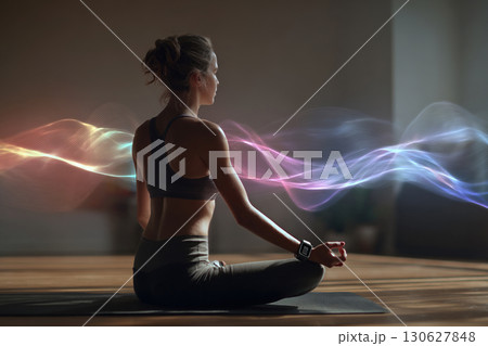 A woman doing yoga at home with a fitness bracelet. Digital waves surround a woman in a lotus position. 130627848