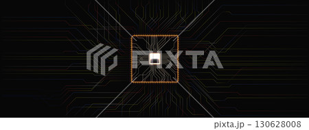 A microchip is depicted at the center, surrounded by glowing circuit lines that radiate outward. The background is black, highlighting the intricate design and technology theme. 130628008