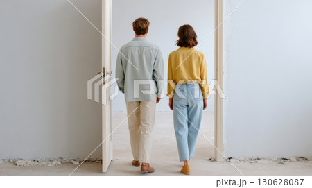 Rear view of young couple entering empty apartment room during renovation project 130628087