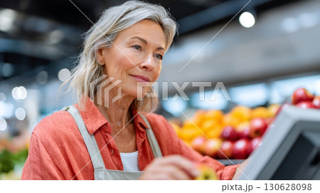 Senior woman cashier scanning items at checkout counter in grocery store Senior woman cashier scanning items at checkout counter in grocery store 130628098