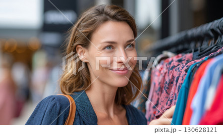 Happy woman browsing clothing rack in a fashionable outdoor store during shopping trip 130628121