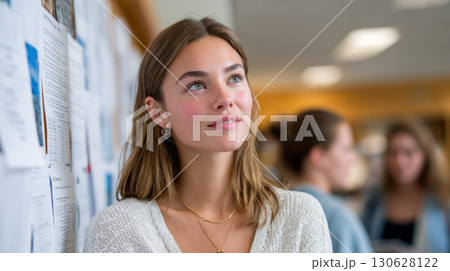 Young woman standing near a bulletin board in university hallway looking thoughtful 130628122
