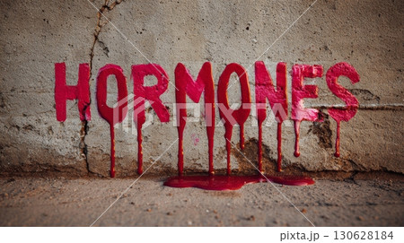 Close-up graffiti word HORMONES painted in red with paint dripping on concrete wall 130628184