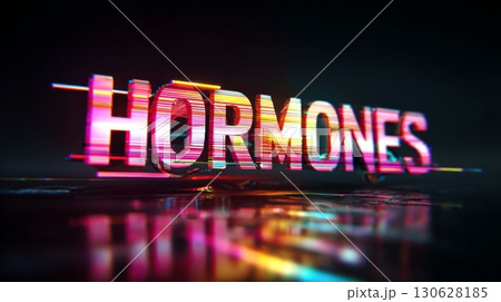 Colorful digital 3D typography of the word HORMONES with glitch effect on dark background 130628185
