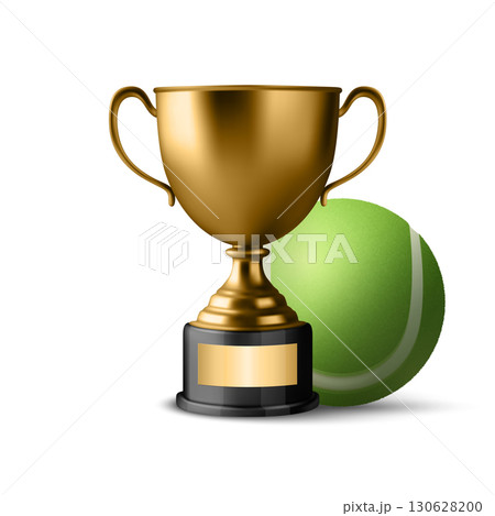 Vector 3d Realistic Golden Trophy Cup Icon with Tennis Ball. Sports Award Illustration for Tennis Tournament, Match Victory, Champion Prize, Sports Event Design, Competition Reward, Winner Concept 130628200