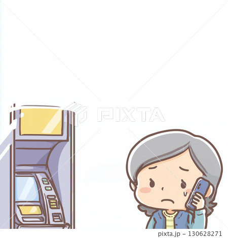 振り込め詐欺に注意！スマホ通話しながらATMを使うおばあちゃんのイラスト 130628271