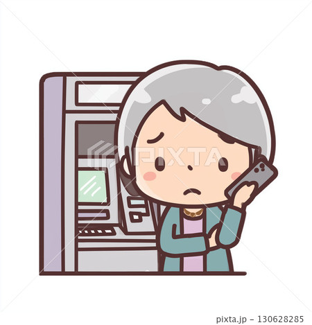 振り込め詐欺に注意！スマホ通話しながらATMを使うおばあちゃんのイラスト 130628285