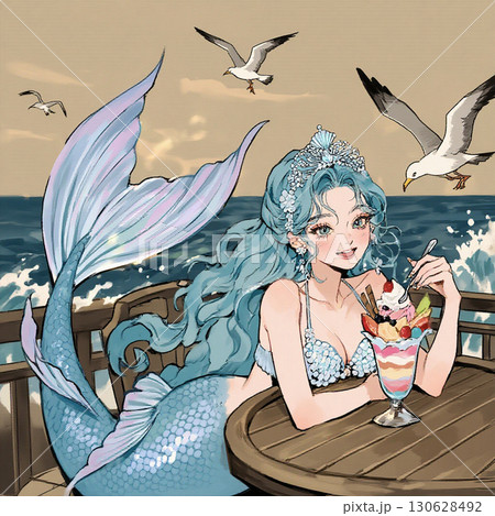 船上で大好物のパフェを楽しむ人魚姫 船上で大好物のパフェを楽しむ人魚姫 130628492