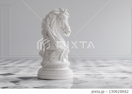【静寂の中の戦略象徴】巨大な白いチェスのナイト駒のコンセプチュアル背景素材 130628682