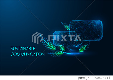 Sustainable digital communication concept with green leaves and speech bubbles on blue background Sustainable digital communication concept with green leaves and speech bubbles on blue background 130628741