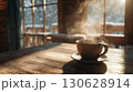 冬の木漏れ日と湯気立つコーヒーカップ 130628914