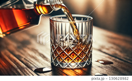 A close-up of whiskey being poured into a detailed crystal glass, capturing the amber hues and the dynamic motion of the liquid. The setting is elegant, with light reflecting beautifully off the A close-up of whiskey being poured into a detailed crystal glass, capturing the amber hues and the dynamic motion of the liquid. The setting is elegant, with light reflecting beautifully off the 130628982