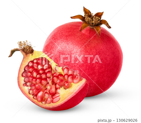 Fresh ripe pomegranate with cut in half isolated. Chunk of pomegranate with clipping path. 130629026