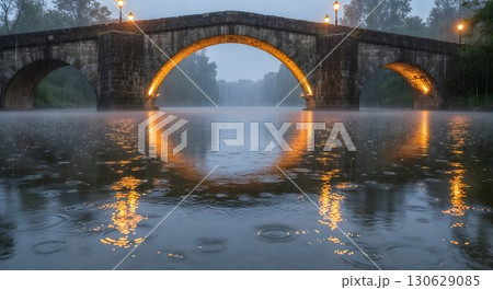 A stone bridge reflecting perfectly in calm water on a misty evening. 130629085