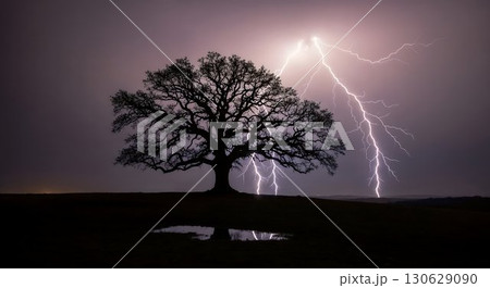 A large oak tree with lightning flashing above at twilight. A large oak tree with lightning flashing above at twilight. 130629090