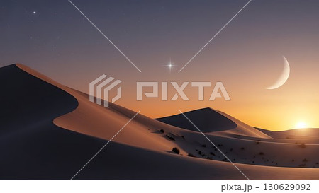 Crescent moon glowing above desert dunes with a bright star. Crescent moon glowing above desert dunes with a bright star. 130629092