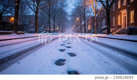 Snowy street with glowing lights and footsteps in fresh snow. 130629093