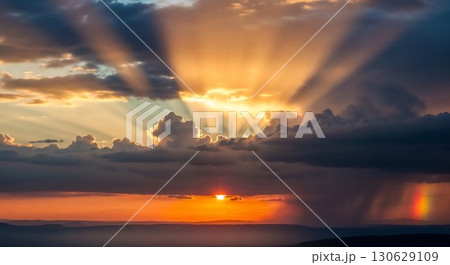 Sunrays shining through clouds above the ocean at sunset. 130629109