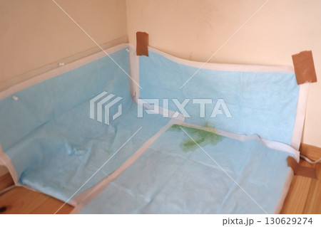 ペットシーツに犬の尿跡。室内トイレトレーニングの様子。 130629274