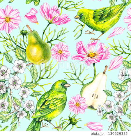 Fruity floral watercolor botanical seamless pattern hand drawn  130629385