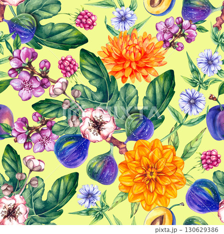 Fruity floral watercolor botanical seamless pattern hand drawn Fruity floral watercolor botanical seamless pattern hand drawn 130629386