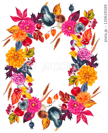 Autumn Watercolor Wreath with Leaves, Flowers, Pumpkins and Mushrooms and Berries 130629389