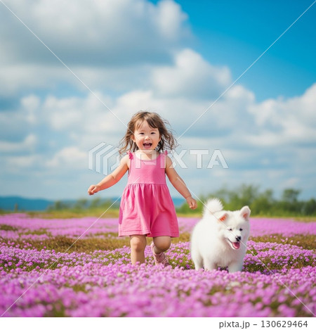 満開のピンクの芝桜畑。子犬と無邪気に走り回る天使みたいな白いワンピースの女の子のポートレート 満開のピンクの芝桜畑。子犬と無邪気に走り回る天使みたいな白いワンピースの女の子のポートレート 130629464