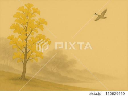 金色に輝くイチョウの木と飛んでいる雁 金色に輝くイチョウの木と飛んでいる雁 130629660