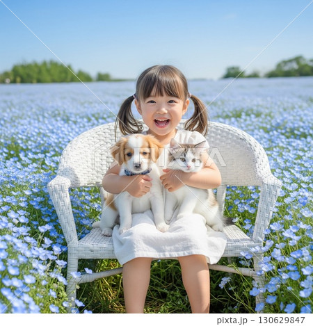 青いネモフィラ畑で子犬と子猫と座る笑顔の女の子。愛おしい時間　春の日差し 130629847