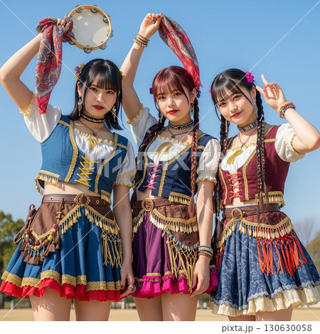 ジプシー風のカラフルな衣装。タンバリンを持ってポーズする女の子たち ジプシー風のカラフルな衣装。タンバリンを持ってポーズする女の子たち 130630058