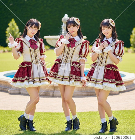 宮殿を背景にアイドル衣装でポーズをとる笑顔の女性グループ　お姫様をイメージした衣装 130630062