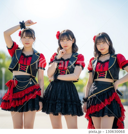 ピンク色の花畑でポーズをとる、アイドル衣装の女性グループ　カルメン　情熱的な衣装　かっこいい 130630068