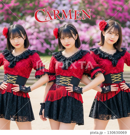 ピンク色の花畑でポーズをとる、アイドル衣装の女性グループ カルメン 情熱的な衣装 かっこいい ピンク色の花畑でポーズをとる、アイドル衣装の女性グループ カルメン 情熱的な衣装 かっこいい 130630069