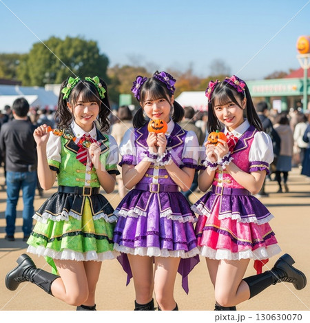 ハロウィンの猫耳コスチューム。笑顔でポーズする仲良しの女の子たち　アイドル　コスチュームデザイン 130630070