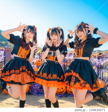 ハロウィンの猫耳コスチューム。笑顔でポーズする仲良しの女の子たち アイドル コスチュームデザイン ハロウィンの猫耳コスチューム。笑顔でポーズする仲良しの女の子たち アイドル コスチュームデザイン 130630071