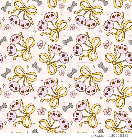 Retro Coquette Halloween Seamless Pattern Gingham Spooky Skull Cherries with Ribbon bow Wallpaper 130630321