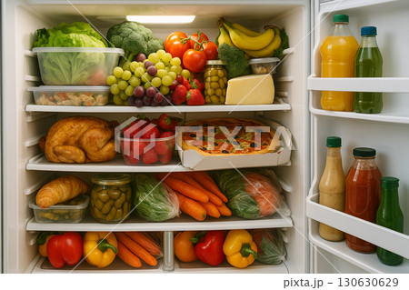 満杯の冷蔵庫と色とりどりの食材　0031 130630629