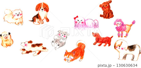 色んな種類の犬の手描きイラスト 130630634