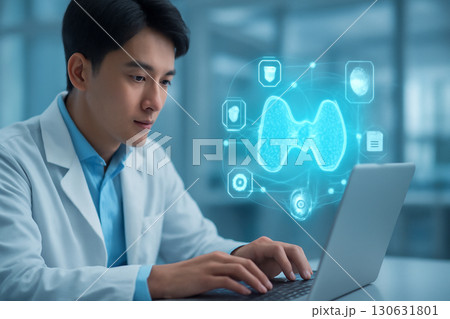 AI generated of an Asian male healthcare expert interacting with a holographic medical display, focused on a silver laptop in a modern clinical space showcasing futuristic digital health technology. AI generated of an Asian male healthcare expert interacting with a holographic medical display, focused on a silver laptop in a modern clinical space showcasing futuristic digital health technology. 130631801
