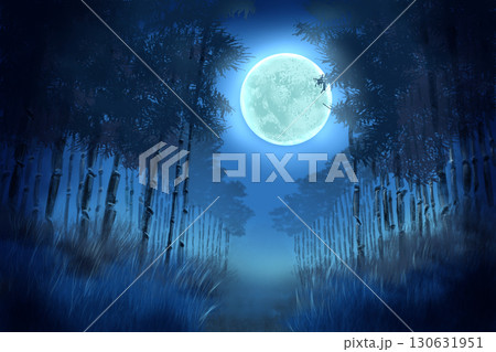 青い満月と竹林に包まれる幻想的な風景画 130631951
