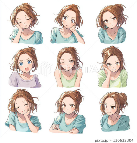 ショートヘアの女性キャラクターによる豊かな感情表現イラスト 130632304