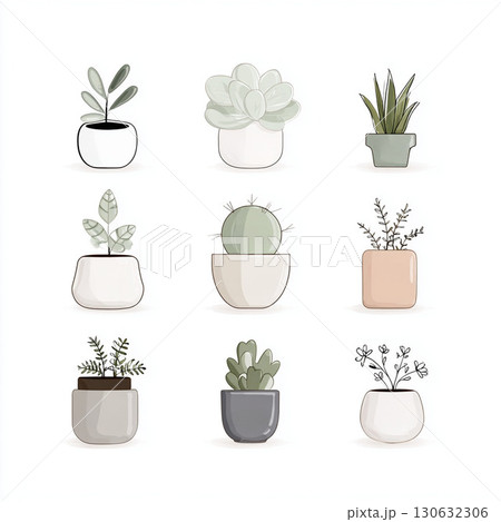 シンプルでおしゃれな観葉植物のミニマルイラスト素材セット 130632306